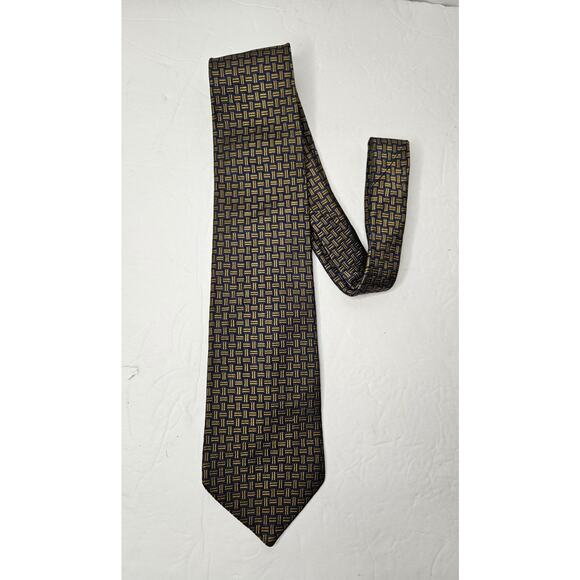 Brooks Brothers Makers USA + English Silk Navy Blue w/Yellow Jacquard Tie - Picture 1 of 5